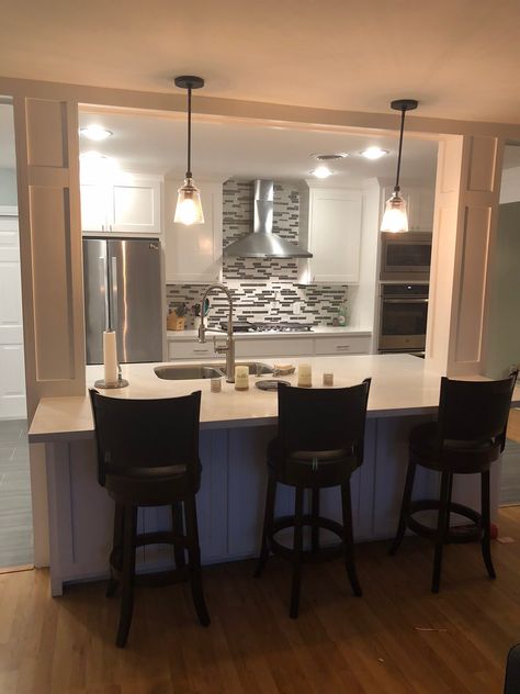 Kitchen Sink Overlooking Family Room, Kitchen Half Wall Bar, Kitchen Island With Partial Wall, Kitchen To Dining Room Pass Through, Half Wall Kitchen Bar, Removing Half Wall Kitchen, Small Kitchen Remodel With Island Layout, Kitchen Sink Facing Wall Ideas, One Sided Kitchen Layout