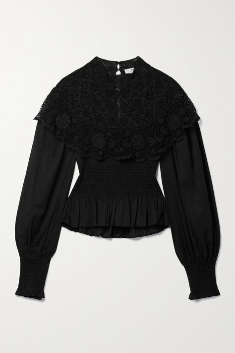 Sea's 'Serita' blouse has a Victorian-inspired guipure lace Bertha collar that's so beautifully detailed. Cut from black cotton-poplin, it has puffed sleeves and a shirred bodice that falls to a flouncy ruffled peplum hem. Blouse Png, Zara Closet, Lace Blouse Styles, Bertha Collar, Chanel Loafers, Dressy Casual Outfits, Poplin Blouse, Poplin Top, Velvet Blouses