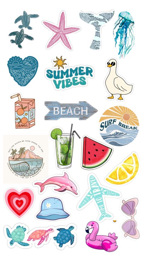 Aesthetic Summer Stickers, Beach Stickers Aesthetic, Cute Summer Stickers, Summer Stickers, Preppy Stickers, Sticker Template, Pool Birthday Party, Floral Stickers, Aesthetic Stickers