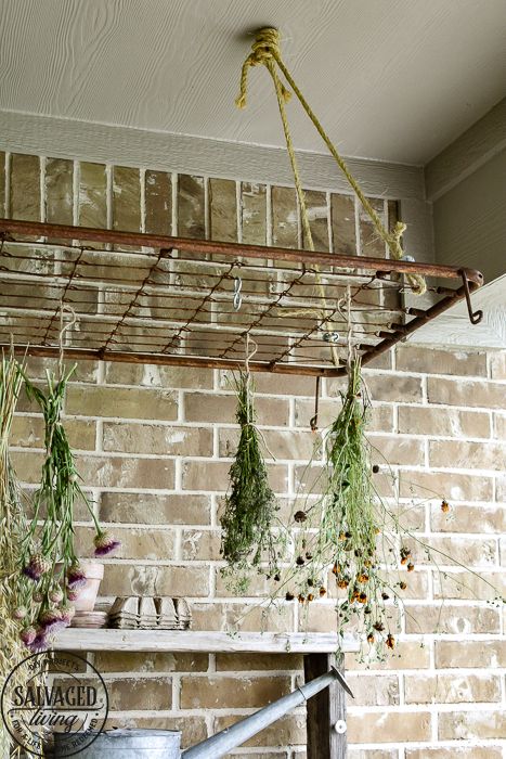 The perfect plant drying rack for your patio. If you want a French country feel on your porch then a vintage baby mattress spring is the best idea! Maybe you can even use it for a herb drying rack if you are a foodie! #herbdryingrack #diydryingrack #wildflowers #herbdrying #cozyporch #porchquilt Herb Drying Rack, Flower Drying, Herb Rack, Herb Drying, Drying Room, Hanging Herbs, Baby Mattress, Kitchen Herbs, Tea Garden