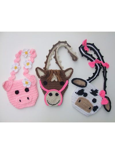 Crochet Patterns from Donna Harelik Crochet Pig Purse, Pig Purse, Cow Purse, Crocheted Purses, Horse Purse, Rainbow Purses, Crochet Horse, Crocheted Toys, Confection Au Crochet