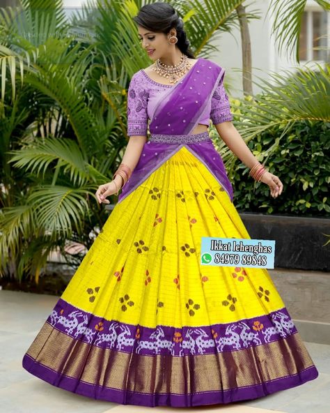 Ikkat Half Saree Designs, Pattu Lehenga, Salwar Designs, Ikkat Pattu Sarees, Half Saree Designs, Blouse Work Designs, Silk Dupatta, Fancy Sarees, Half Saree