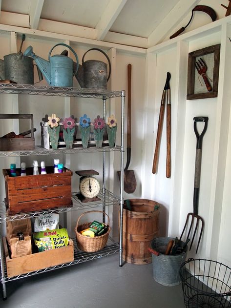 Potting Shed Organization, Potting Shed Interior Ideas, Allotment Inspiration, Galvanized Containers, Susan Strong, She Shed Interior, Garden Shed Interiors, Shed Landscaping, Shed Makeover