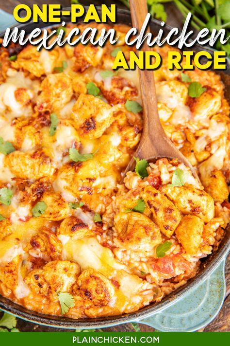 One-Pan Mexican Chicken & Rice with Queso - seriously the BEST! Chicken, taco seasoning, rice, milk, salsa, Queso dip, Rotel diced tomatoes and green chilies, and shredded cheese. Ready to eat in under 30 minutes. Garnish with your favorite taco toppings. Kids and adults gobble this up! Delicious gluten-free meal. Rotel Recipes Dinner Tonight, Mexican Cheesy Chicken And Rice, Chicken Cheese And Rice, Seasoning Rice, Cheese And Rice, Rice Mexican, Mexican Chicken And Rice, Homemade Guacamole Recipe, Taco Toppings