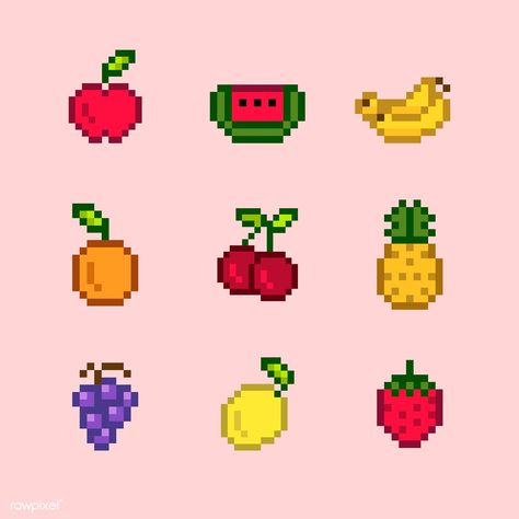 Collection of mixed pixelated fruits | free image by rawpixel.com / NingZk V. Acnh Diy, Pixel Video Game, Cherry And Strawberry, Pixel Art Food, Pixel Video, Strawberry Vintage, Image Pixel Art, Modele Pixel Art, Art Fruit