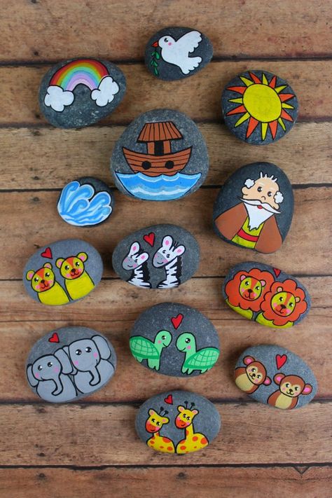 Story Stones Inspiration - Noahs Ark Story Rocks Ideas Painted Stones, Noahs Ark Craft, Story Rocks, Ark Craft, Easy Rock Painting Ideas, Easy Rock Painting, Garden For Beginners, Hanging Craft Ideas, Story Stone