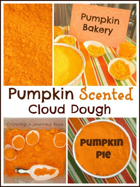 Pumpkin scented cloud dough that smells just like pumpkin pie! Great Autumn sensory play and for making lots of imaginative pumpkin treats! Cloud Dough Recipes, Pumpkin Unit, Cloud Dough, Pumpkin Recipe, Pumpkin Scent, Halloween Preschool, Pumpkin Treat, Fall Preschool, Theme Halloween