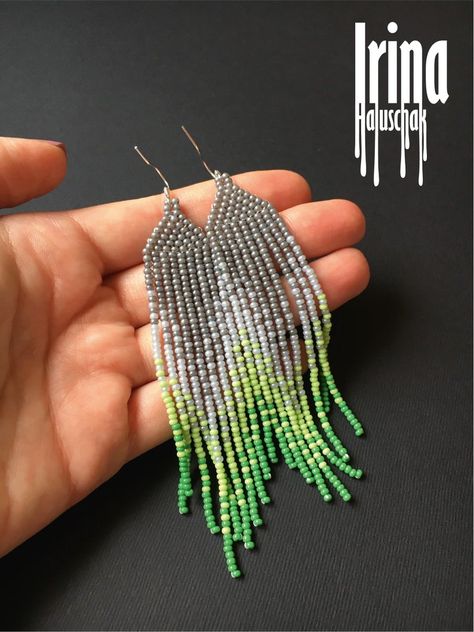 Gray and grass green beaded earrings Gradient seed bead earrings Ombre fringe earrings Native American boho Chandelier earrings Tassel Ombre Fringe Earrings, Green Beaded Earrings, Lampwork Bead Earrings, Boho Chandelier, Earrings Native American, Native American Earrings, Lampwork Earring, Grass Green, Green Earrings