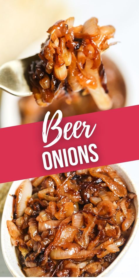 Beer Onions will elevate some of your favorite party foods. Brats, burgers and steaks can all be enhanced by these caramelized onions. Beer Braised Onions, Brats In Beer And Onions, Beer Can Chicken Sides Dishes, Side Dish For Brats, Sides For Brats Dinners, Texas Onions, Sides For Brats, Skillet Veggies, Brat Burgers