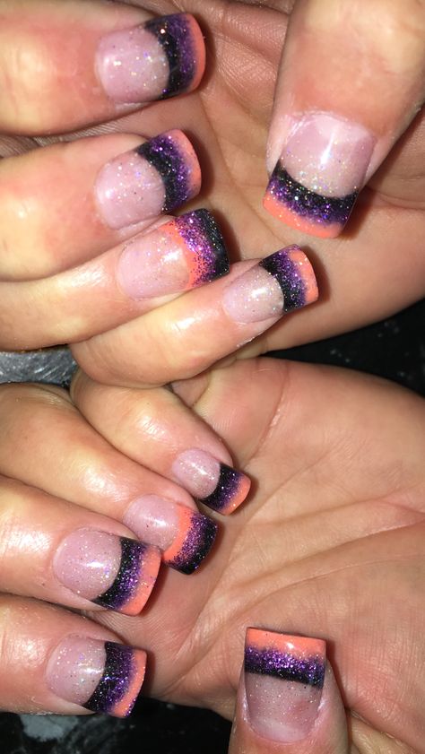 Orange purple black fade Purple And Orange Nails, Cherry Blossom Nails, Stickers Transparent, Black Fade, Stripped Nails, Floral Nail, Colored Acrylic, Purple And Orange, Trim Nails