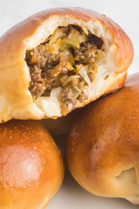 Runza Recipe Runzas Recipe With Frozen Bread Dough, Runzas With Rhodes Rolls, Frozen Dinner Roll Recipes, Runza Recipe Nebraska, Cabbage And Cheese, Runzas Recipe, Runza Recipe, Bake Savory, Campbells Recipes