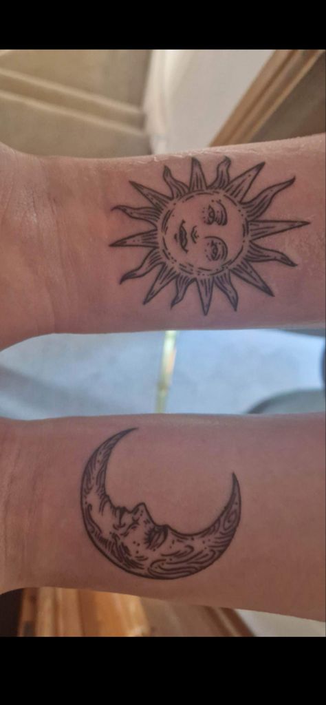 Sun And Moon Tattoo Above Knee, Matching Earthy Tattoos, Bohemian Moon Tattoo, Sun Line Work Tattoo, Sun And Moon Collarbone Tattoo, Sun And Moon Separate Tattoo, Sun Snd Moon Tattoos, Linework Sun Tattoo, The Sun And The Moon Tattoo