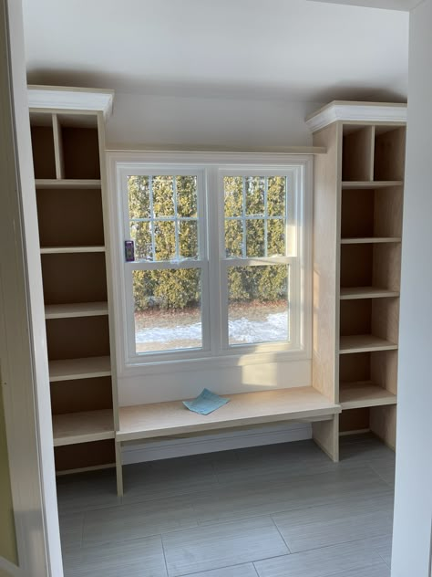 Playroom/sitting Room Ideas, Under Window Drawers, Diy Window Seat Bedroom, Asymmetrical Window Seat, Bookshelves Framing Window, Built In Bench Bedroom Window, Small Window Bench Seat, Small Window Reading Nook, Built In Bookshelf Around Window