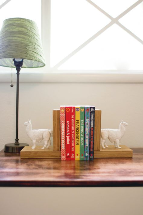 Painted Llama, Diy Llama, Bookends Wood, Animal Bookends, Faux Ceramic, Modern Throw Blanket, Diy Bookends, Painted Animals, Custom Light Fixtures