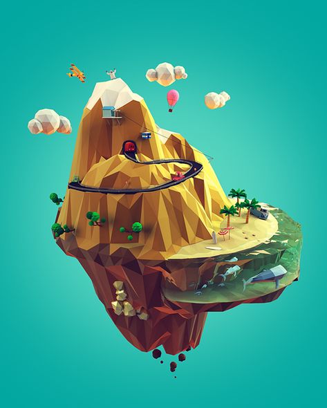 Low Poly Mountain, Cartoon Island, 3d Cinema, 동화 삽화, Poly Art, Floating Island, Low Poly Games, Polygon Art, Isometric Art