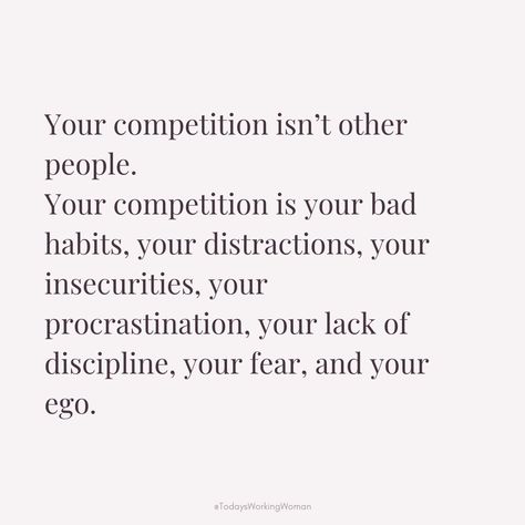 ⁠In a world filled with distractions and self-doubt, the real challenge lies within. It's time to shift the focus from comparing ourselves to others to confronting our own obstacles. By recognizing that our biggest competition is often our bad habits, procrastination, and insecurities, we empower ourselves to rise above and truly thrive. ⁠  ⁠#selflove #motivation #mindset #confidence #successful #womenempowerment #womensupportingwomen Insecure Women, Selflove Motivation, Rise Above, Dream Board, Bad Habits, Women Empowerment, Self Love, Me Quotes, No Worries