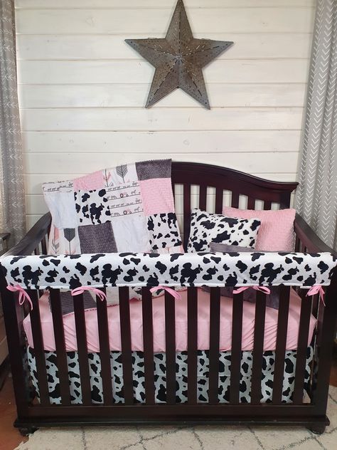 New Release Girl Crib Bedding- Farm Animals and Black White Cow Farm Baby Bedding & Nursery Collection - DBC Baby Bedding Co Pink Cow Print Nursery, Cow Print Nursery Ideas, Cow Print Nursery Girl, Cow Print Baby Nursery, Cow Bedroom Ideas, Baby Girl Cow Nursery, Cow Nursery Ideas, Pink And Black Nursery, Cowgirl Nursery Theme