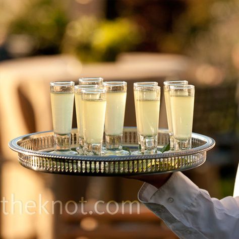 The catering staff passed around shots of Limoncello as guests walked from the ceremony to cocktail hour on the lawn. Limoncello Cocktail, Limoncello Cocktails, Wedding Caterer, Wedding Reception Planning, Ginger Drink, Cocktail Hour Wedding, Gourmet Breakfast, Reception Food, Catering Ideas