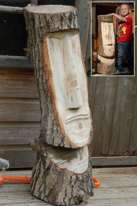 Chainsaw Carving Patterns, Wood Log Crafts, Chainsaw Wood Carving, Tre Kunst, Handmade Wood Crafts, Wood Sculpture Art, Wood Carving Faces, Tiki Statues, Simple Wood Carving