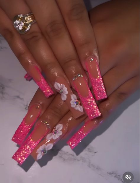 Hot Pink Bday Nails, Hot Pink Sweet 16 Nails, Dark Pink Birthday Nails, Long Pink Birthday Nails, Hot Pink Long Square Acrylic Nails, Hot Pink Birthday Nails, Hot Pink And Silver Nails Prom, Pink Nail Sets, Extra Birthday Nails