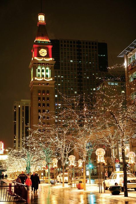 Downtown Denver, Colorado, USA Travel Denver, Lights On Trees, Denver Christmas, Downtown Denver Colorado, Denver Downtown, Colorado Aesthetic, Denver Modern, Denver Travel, Street Mall