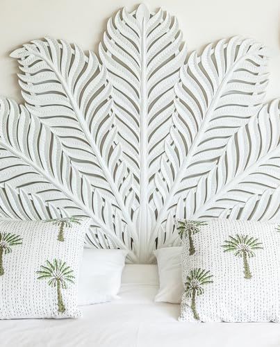 SMARTCAREWOOD Hand-carved Half Moon Palm Leaf Bed Headboard | Bed Decor | White Leaf Wall Art Bed Headboard Home Décor Moroccan Headboard, Wood Carved Headboard, Wall Art Bed, Palm Leaf Wall Art, Custom Bed Frame, Carved Wall Decor, Boho Headboard, Carved Headboard, Headboard Wall