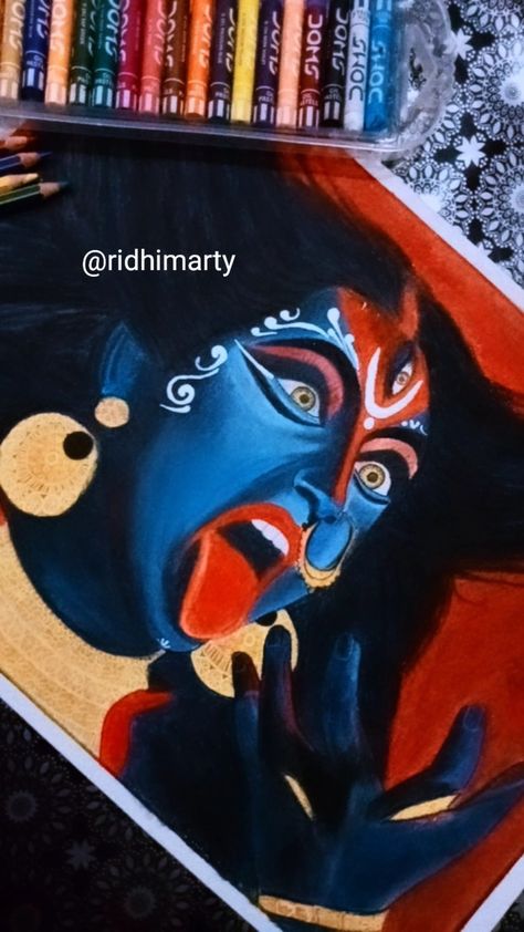 Colored drawing of Maa kali❤️ Kali Mata Rangoli Design, Kali Mata Rangoli, Maa Kali Art, Bird Silhouette Art, Kali Maa, Good Over Evil, Rangoli Designs Simple Diwali, Kali Mata, Indian Women Painting