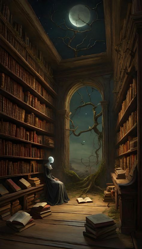 Moonlit library where books flutter open on their own, revealing whispering mouths and blinking eyes within their pages. Eldritch Library, Horror Library, Acnh Witchy, Spooky Library, Library Drawing, Haunted Library, Devil Quotes, Books Artwork, Old Library