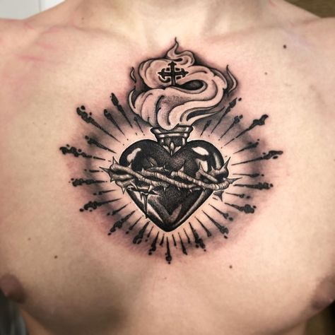 Scared Heart Tattoo Design, Secret Heart Tattoo, Sacred Heart Chest Tattoo Female, Neo Traditional Sacred Heart, Corazon Sagrado Tattoo, Sacred Heart Tattoo Stencil, Sacred Heart Chest Tattoo, Immaculate Heart Of Mary Tattoo, Mexican Heart Tattoo