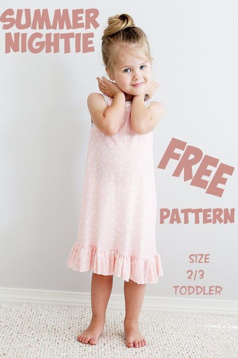 Summer Nightie FREE pattern (size 2/3 toddler). These nighties are super comfy and look very cute! So it's time to make one for your little girl so she can have a great movie night or a fun sleepover while feeling fantastic in the new Summer Nightie! She will certainly wear her new nightie every chance that she can, and we can’t blame her for that! #SewModernKids Girls Nightgown Pattern Free, Free Kids Pajamas Pattern, Trendy Toddler Girl Clothes, Toddler Girl Clothes Spring, Toddler Girl Clothes Winter, Toddler Nightgown Pattern, Nightgown Kids, Toddler Fall Outfits Girl, Toddler Nightgown