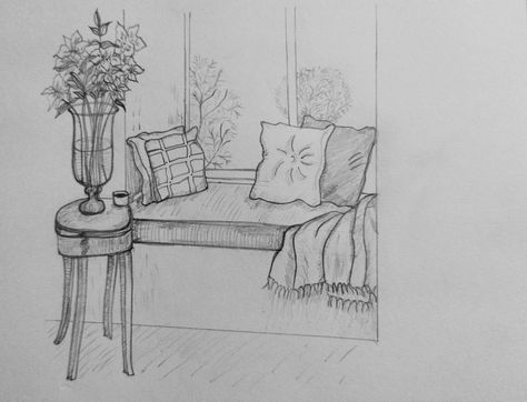 Corner Drawing, Window Sketch, Table Sketch, Sketch Flower, Sketch Simple, Window Architecture, Window Drawing, Wall Drawing, Sketches Simple