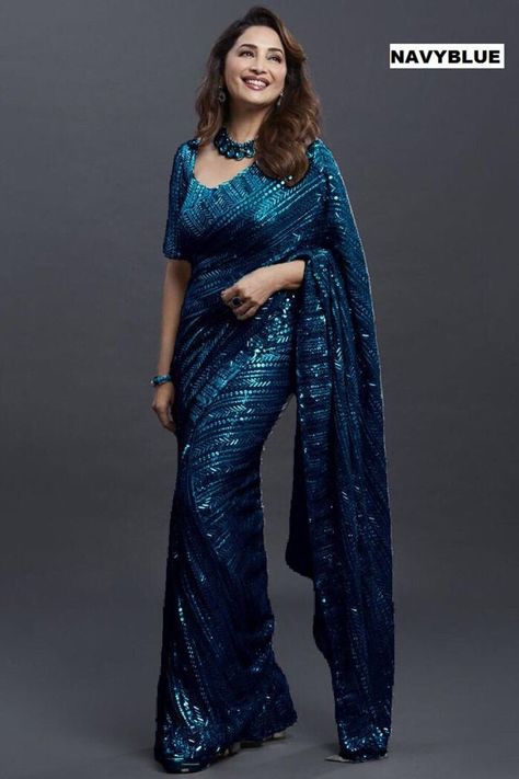 Sequence Sarees, Madhuri Dixit Saree, Saree Readymade, Latest Saree Trends, Navy Blue Saree, Sequence Saree, Yumna Zaidi, Saree Georgette, Sequence Embroidery