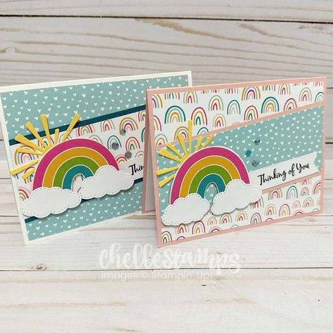 Flashback Friday! I’m back today sharing another set of cards using an older stamp set and paper from Stampin’ Up! along with the August 2023 Sheetload of Cards template from @callmecraftyal. The stamp set is “Rainbow of Happiness” and the DSP was the “Sunshine & Rainbows” Sale-A-Bration offering a few years ago. I fell in love with these products and I’m still there. . . . #stampinup #cardmakersofinstagram #handmadecards #papercrafts #papercrafting #diycards #greetingcards #stampinupcards #st Handmade Rainbow Cards, Sunshine And Rainbows Dsp Stampin Up Cards, Su Sunshine And Rainbows Dsp, Stampin Up Rainbow Cards, Sunshine And Rainbows Stampin Up Cards, Rainbow Of Happiness Stampin Up Cards, Rainbow Cards Handmade, Stampin Up Sunshine And Rainbows, Stampin Up Rainbow Of Happiness