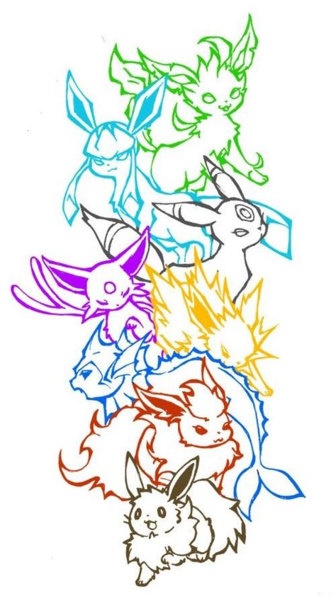 Pokemon Tattoo Eevee Evolution, Evee Pokemon Svg, Eeveelutions Tattoo Sleeve, Eeveelutions Tattoo Ideas, Eevee Evolution Tattoo, Pokemon Eevee Tattoo Ideas, Pokemon Tattoo Ideas Design, Leafeon Tattoo Design, Eevee Tattoo Evolution