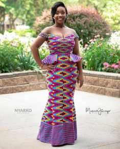 Beautiful Ghanaian Bride in White and Kente Train Wedding Gown | Clipkulture | Clipkulture Straight Dresses For Women, Engagement Dress Black, Traditional Dress African, Latest Kente Styles, Kente Wedding Dress, Purple Kente, Kente Skirt, Latest Traditional Dresses, African Wedding Attire