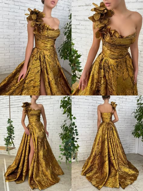 Dore Designs Dresses, Yellow Gold Dress, Festival Outfits Rave, Gold Gown, Fancy Wedding Dresses, Fantasy Gowns, Classy Dress Outfits, Special Dresses, Fantasy Dress