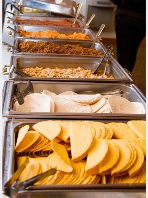 Build Your Own Taco Bar Wedding, Midnight Buffet Wedding, Tex Mex Wedding Food, Stock The Bar Food Ideas, Taco Bar Buffet Set Up Wedding, Nacho Buffet, Taco Bar Buffet Set Up, Hard Tacos, Taco Buffet