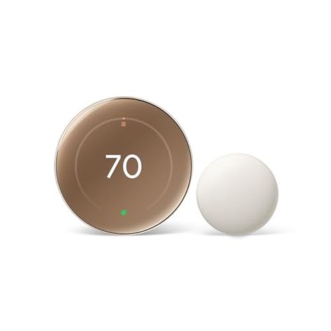 Google Nest Learning Thermostat (4th Gen) with Nest Temperature Sensor (2nd Gen) - Energy Saving Smart Thermostat with Adaptive Eco - Works with Alexa and Google Home App - Polished Gold Smart Thermostat, Google Nest, Living Room Design Inspiration, Smart Thermostats, Nest Thermostat, Google Home, Energy Saving, Thermostat, Save Energy