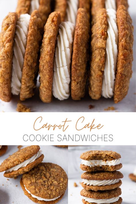 Cream Cheese Sandwich Cookies, Sandwich Cookies Recipes, Cream Cheese Cookie Sandwich, Cookie Sandwich Frosting, Cookie Sandwich Ideas, Carrot Cake Ideas, Carrot Cookies Recipe, Cream Cookies, Carrot Cake Desserts