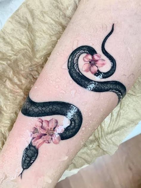 Snake Tattoos For Women Color, Coloured Snake Tattoo, Snake Cherry Blossom Tattoo, Snake Tattoo Feminine, Leg Drawings, Snake Ankle Tattoo, Nature Sleeve, Sternum Tattoos, Tattoos 2024