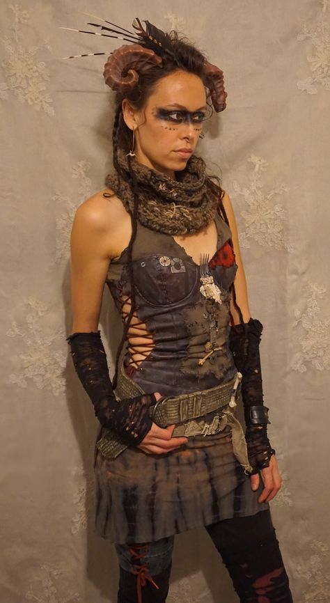 *post apocalyptic warrior, created by Fable Dresses on etsy*... costume road warrior mad max tribal wasteland weekend woman halloween apocalypse Post Apocalyptic Warrior, Survivor Costume, Apocalyptic Warrior, Post Apocalyptic Outfit, Mad Max Costume, Apocalypse Outfit, Zombie Apocalypse Outfit, Iron Lung, Apocalypse Survivor