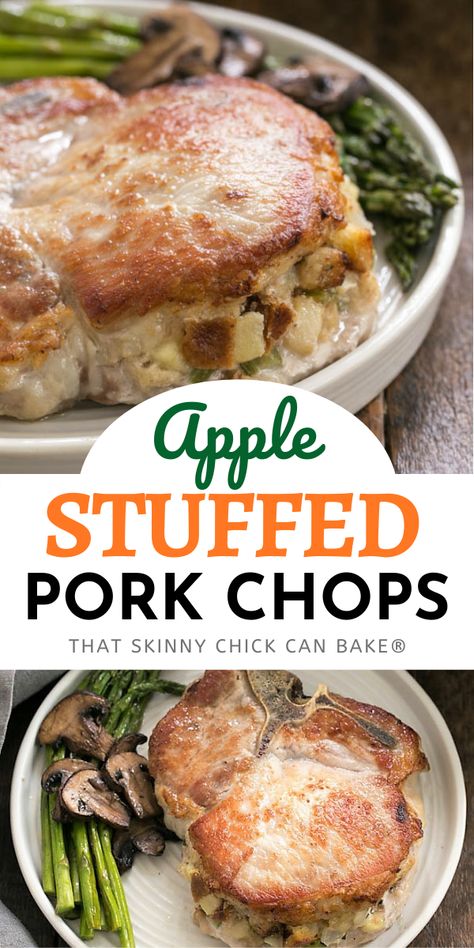 Stuffed Pork Chops Recipe - Cook up these terrific chops filled with a tasty stuffing of bread, apples and thyme! They make a spectacular entree! Stuffed Pork Chops With Apples, How To Cook Stuffed Pork Chops, Stuffed Pork Chops Baked In Oven, Apple Stuffed Pork Chops, Veal Dishes, Baked Stuffed Pork Chops, Thyme Sauce, Apple Stuffing, Pork Dinners