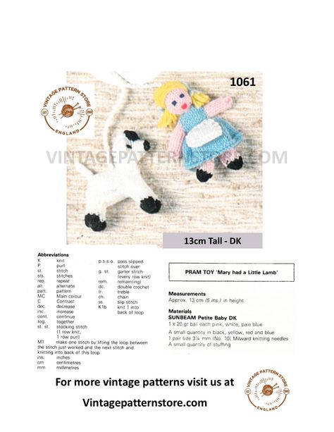 1980s nursery rhyme Mary had a little lamb, babies pram toy in DK - 5" high - Vintage PDF Knitting Pattern 1061 Cot Toys, Knitting Toy, Mary Had A Little Lamb, Knitted Doll Patterns, Crochet Nursery, Pram Toys, Baby Pram, Nursery Toys, Knitting Patterns Toys