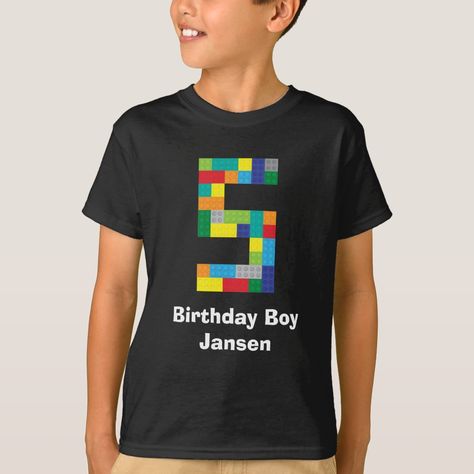 Plastic Toy Bricks 5th Birthday T-Shirt Lego Decor Ideas, Lego Birthday Shirt, Lego Themed Birthday Party, Lego Decor, Party Games Diy, Lego Shirts, Lego T Shirt, Lego Themed Party, Lego Decorations