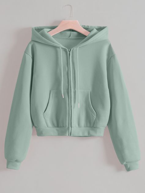 Zip Up Drop Shoulder Drawstring Thermal Lined Crop HoodieI discovered amazing products on SHEIN.com, come check them out! Sage Green Zip Up Hoodie, Mint Hoodie, Cropped Hoodie Outfit, Green Cropped Hoodie, Mint Outfit, Crop Sweatshirt Hoodie, Trendy Shirt Designs, Hoodies For Women, Women Sweatshirts