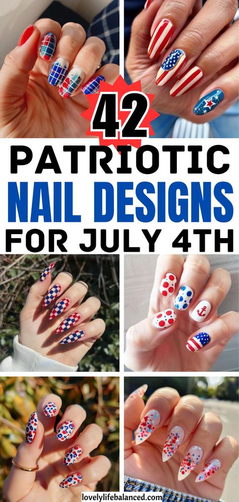 patriotic 4th of July nails, July 4th nail designs, acrylic 4th of July nails, easy July 4th nails, summer nails 2024 Patriotic Nail Designs Simple, 4th Of July Nails Almond, Nails Gel French Tip, July Nails Almond, Short 4th Of July Nails, Patriotic Nail Designs, Gel French Tip, Pedicure Designs Summer, Patriotic Nail