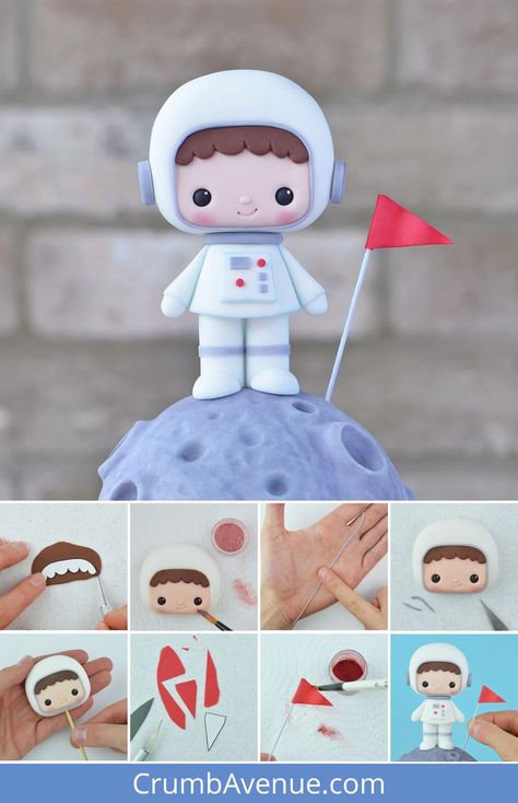 Cute Fondant Astronaut on moon - step by step Cake Topper Tutorial with templates, how to make a fondant astronaut figurine, planet, galaxy, space, universe, nasa, cute birthday cakes for kids boys, boy, fondant cake ideas and inspiration, crumb avenue, simple fondant people, crumb avenue tutorials Planets Costume, Cakes For Kids Boys, Fondant Cakes Ideas, Fondant Planets, The Astronaut Cake, Space Fondant Cake, Astronaut Fondant, Astronaut Fondant Tutorial, Fondant Figures Tutorial People