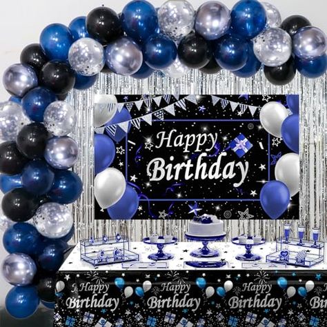 Black Birthday Decorations For Men, Blue And Black Birthday, Blue Silver Birthday, Black Birthday Decorations, Silver Birthday Party, Balloons Arch, Birthday Decorations For Men, Boy Birthday Decorations, Party Setup