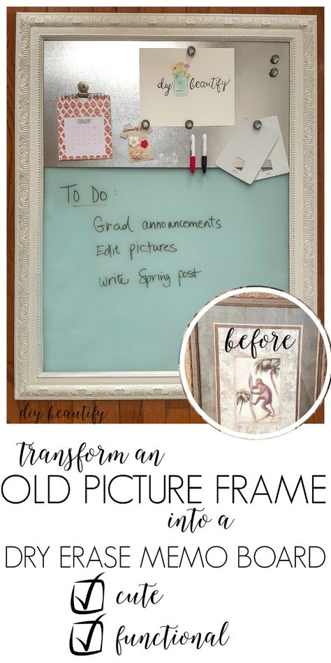 Upcycle an old picture into a functional dry erase, magnetic memo board for just a few bucks! See how at DIY beautify! Memo Board Ideas, Treps Ideas, Diy Dry Erase Board, Glass Dry Erase Board, Office Diy, Magnetic Memo Board, Organization Board, Old Picture Frames, Montezuma