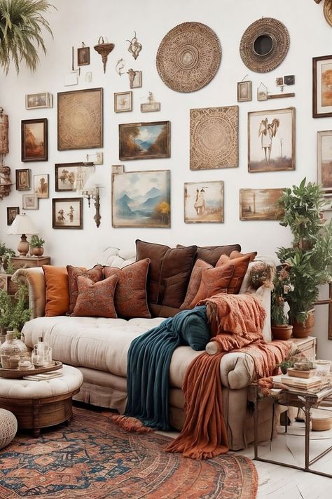 This free spirited boho gallery wall is a great way to add a touch of personality to your living room. The use of bright colors and eclectic patterns creates a fun and inviting atmosphere. Eclectic Art Wall, Living Room Hippie, Hippie Living Room, Boho Living Room Inspiration, Cozy Boho Living Room, Earthy Living Room, Boho Apartments, Boho Gallery Wall, Boho Interior Design